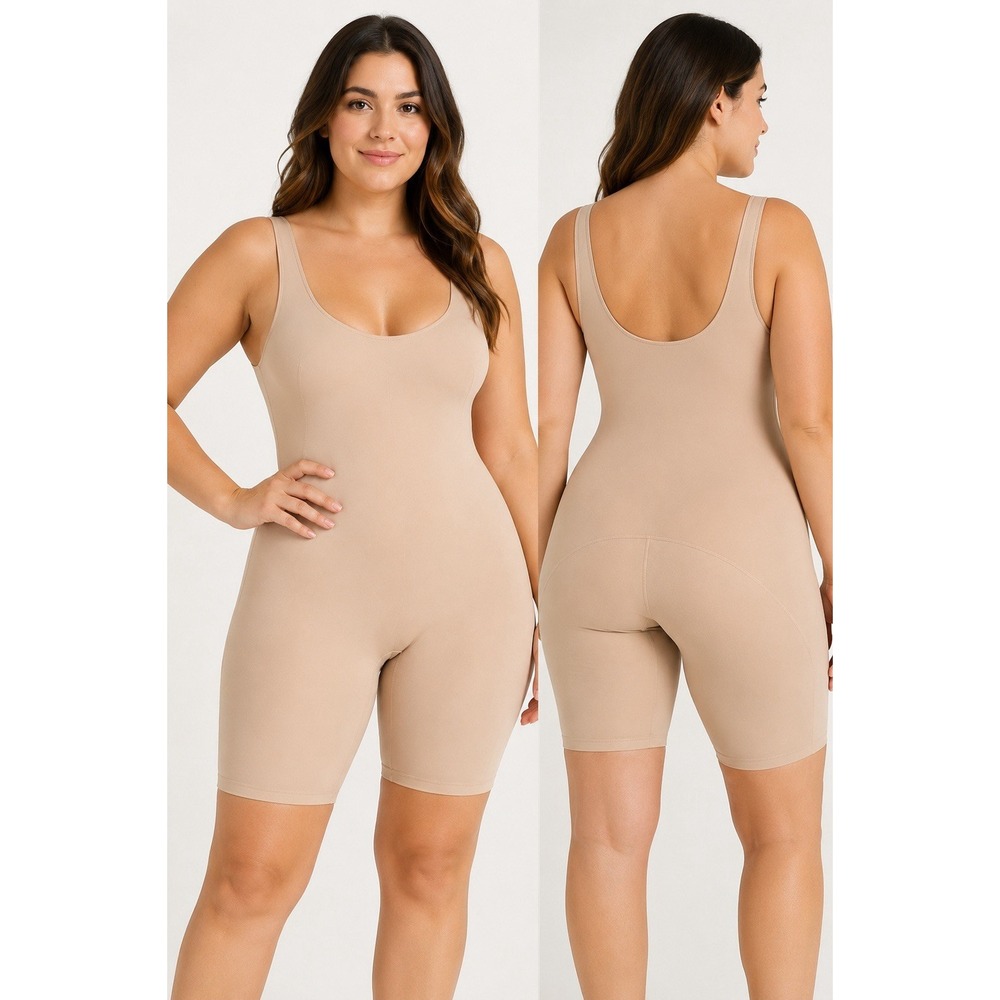 Ambrielle Shapewear Bodysuit XL Nude Beige Mid Thigh Tummy Control Slip Shorts